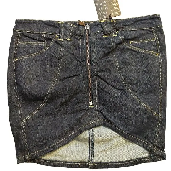 Richmond Ruched Denim Mini Pencil Skirt w/Zipper High Asymmetric Front Sz 42 NWT