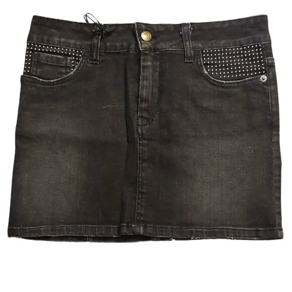 Richmond Studded Distressed Black Denim Mini Skirt Sz 42 NWT