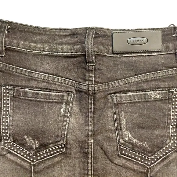 Richmond Studded Distressed Black Denim Mini Skirt Sz 42 NWT