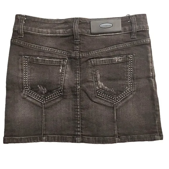 Richmond Studded Distressed Black Denim Mini Skirt Sz 42 NWT