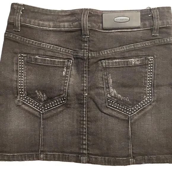 Richmond Studded Distressed Black Denim Mini Skirt Sz 42 NWT