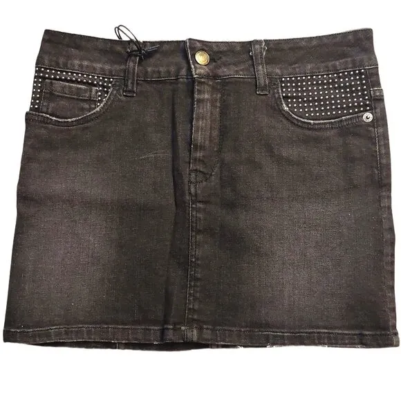 Richmond Studded Distressed Black Denim Mini Skirt Sz 42 NWT