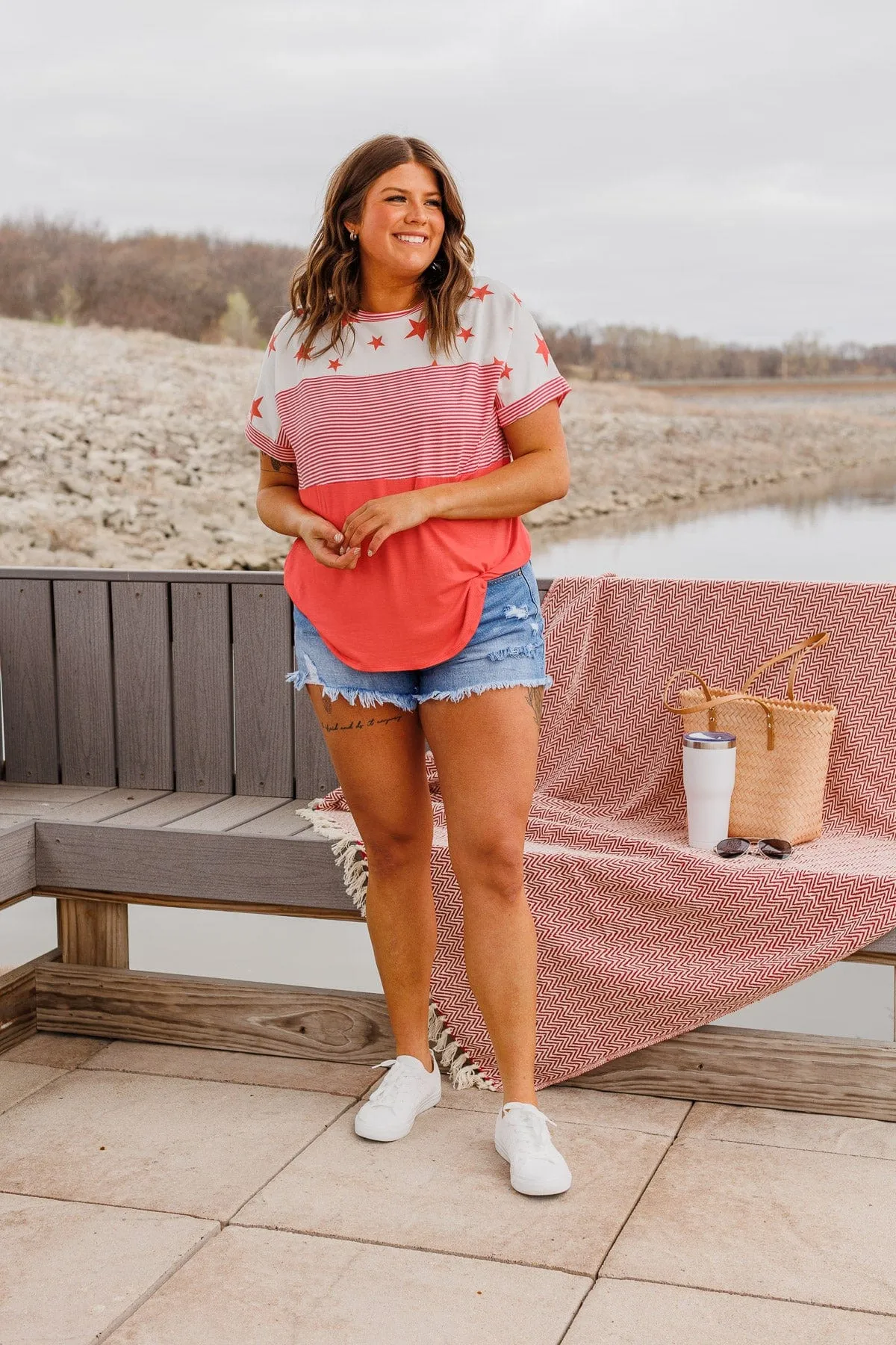 Ringing Freedom Color Block Top- Hot Coral