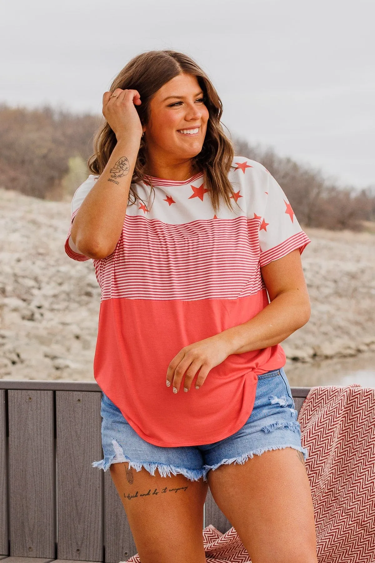 Ringing Freedom Color Block Top- Hot Coral