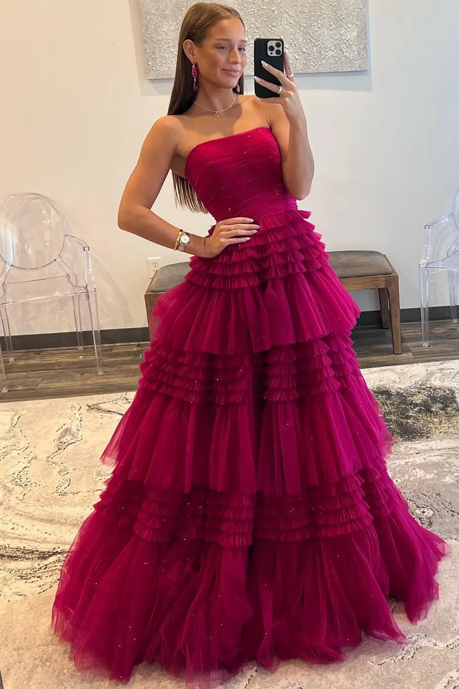 Roycebridal Daniela |A-Line Strapless Tulle Long Prom Dress with Tiered Ruffles