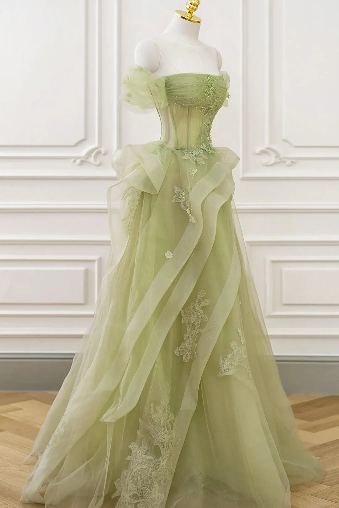 Roycebridal Nellie | Green Tulle Lace Long Prom Dress with Corset, Green Formal Party Dress