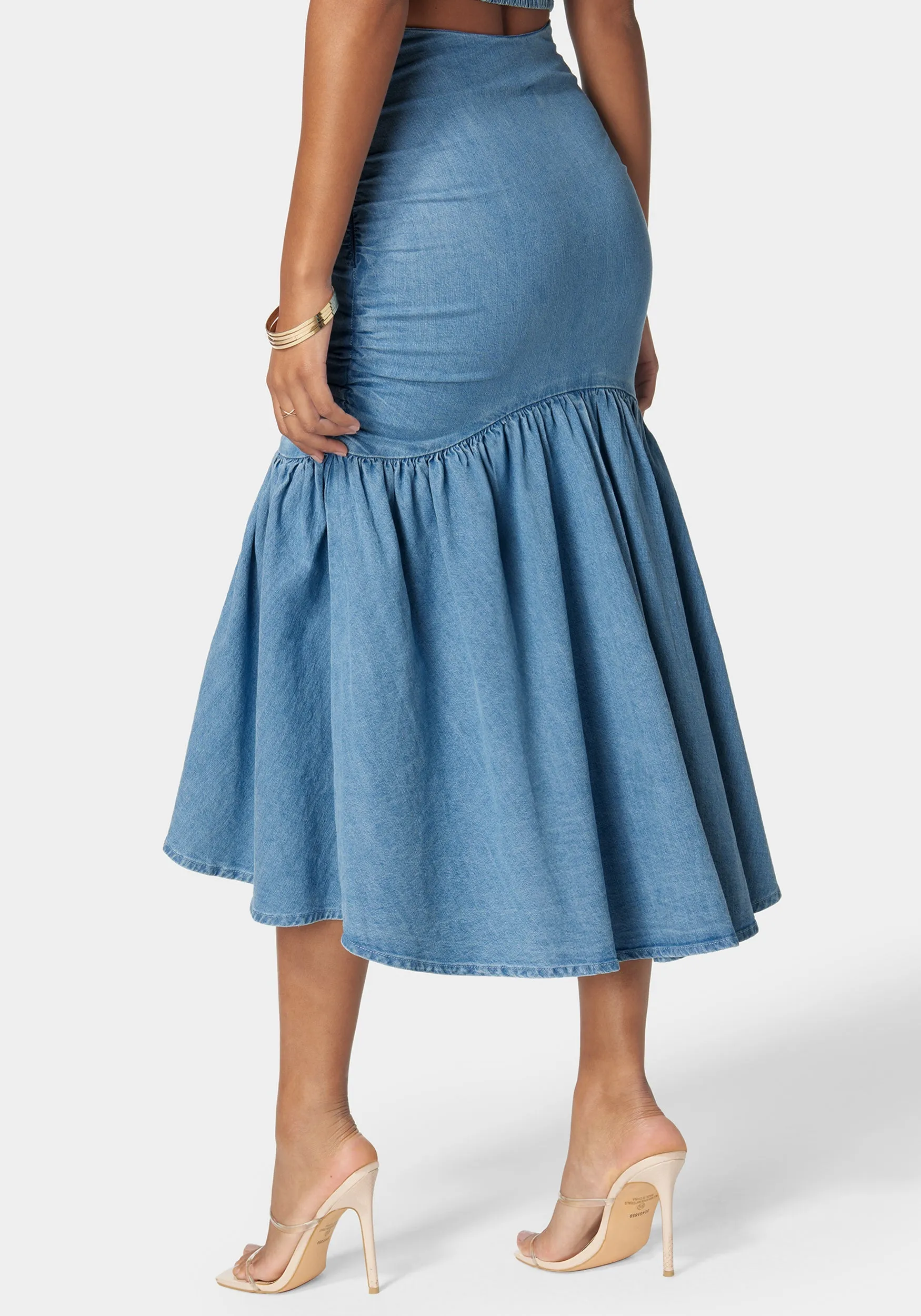Ruched Drawcord Hi Lo Flared Hem Denim Skirt