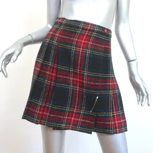 Saint Laurent Tartan Plaid Pleated Mini Skirt Red/Multi Wool Size 38