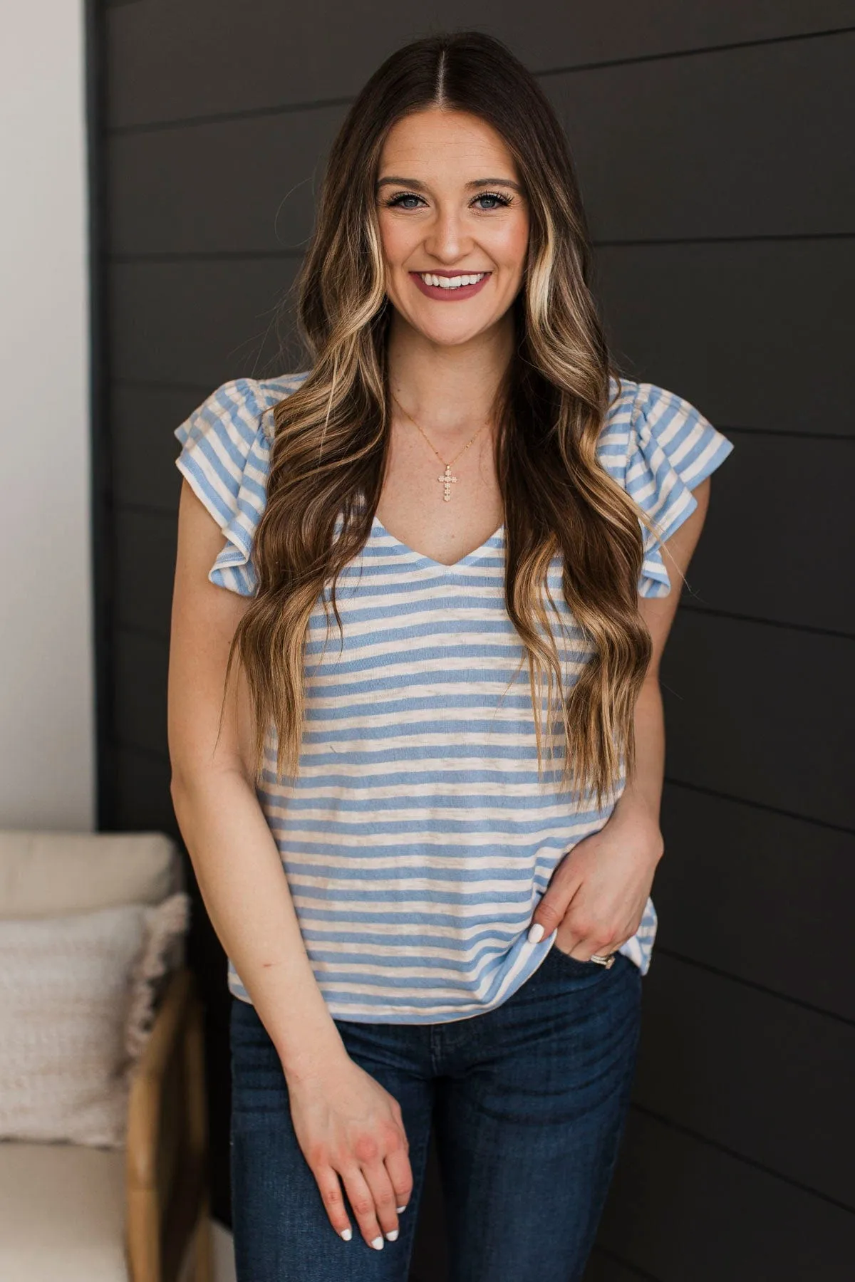 Seeking More Striped Top- Ivory & Chambray