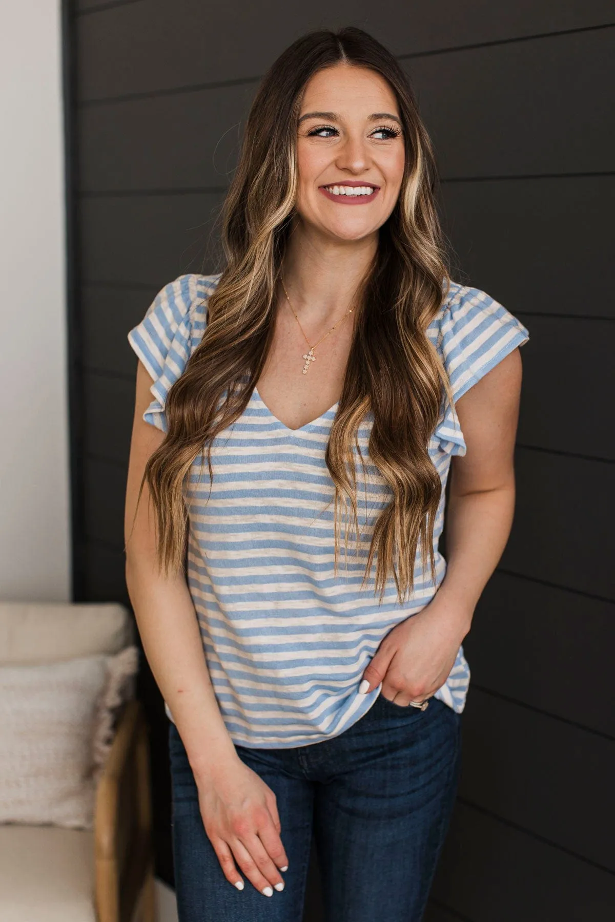 Seeking More Striped Top- Ivory & Chambray