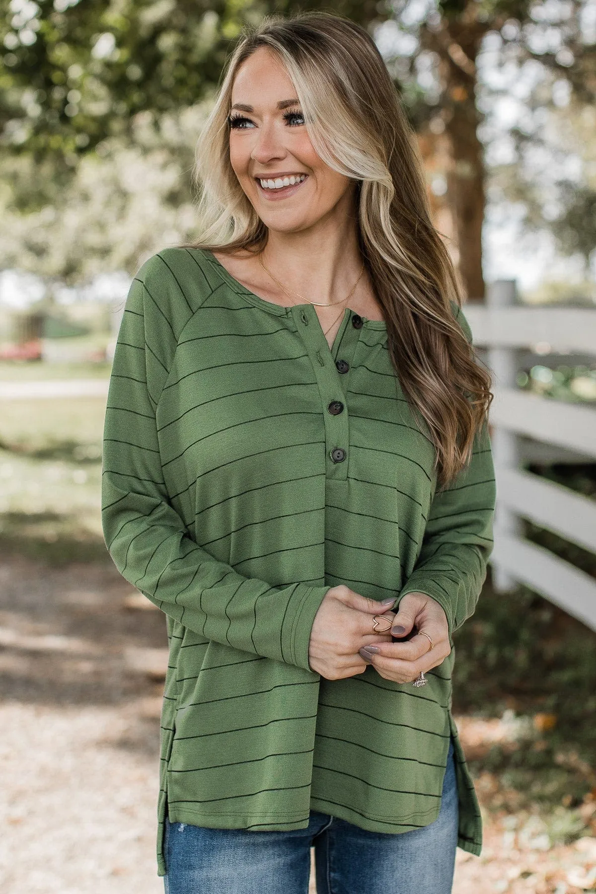 Sending Signals Striped Button Top- Olive