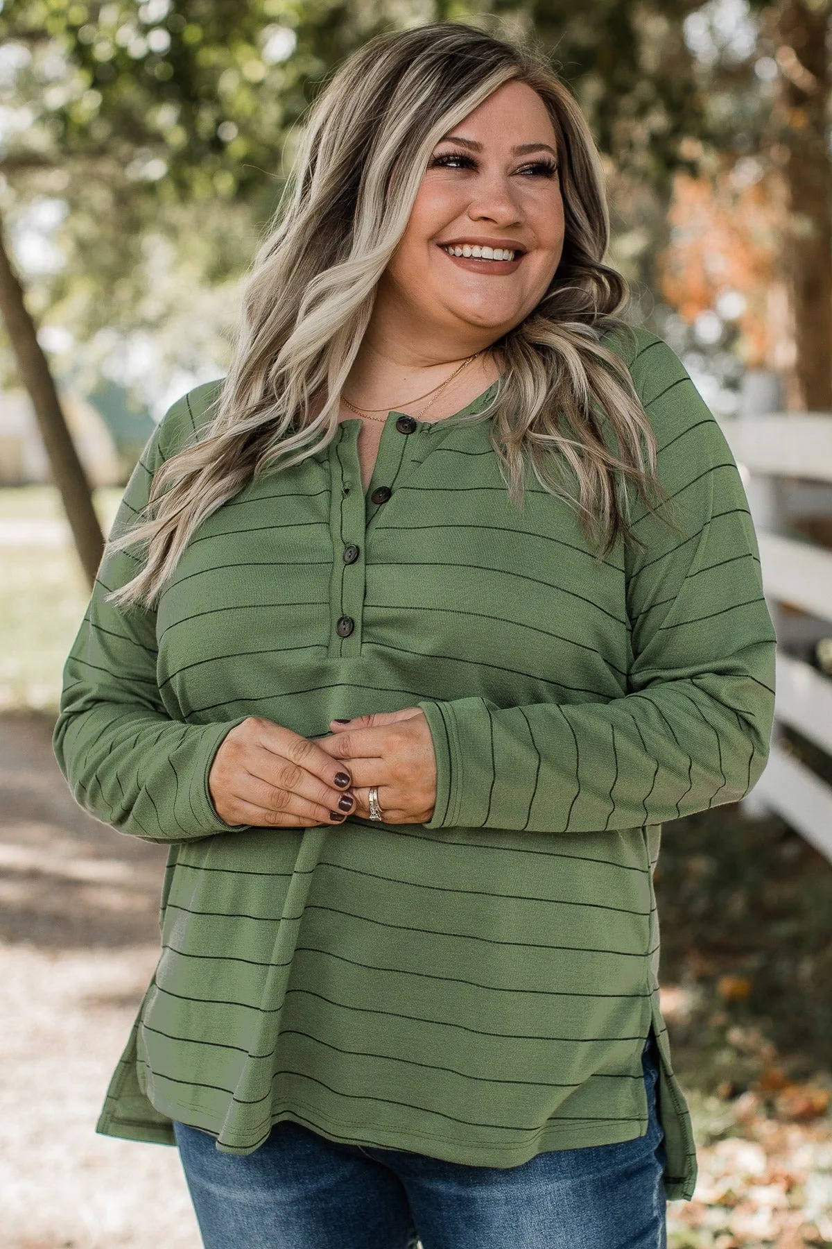 Sending Signals Striped Button Top- Olive