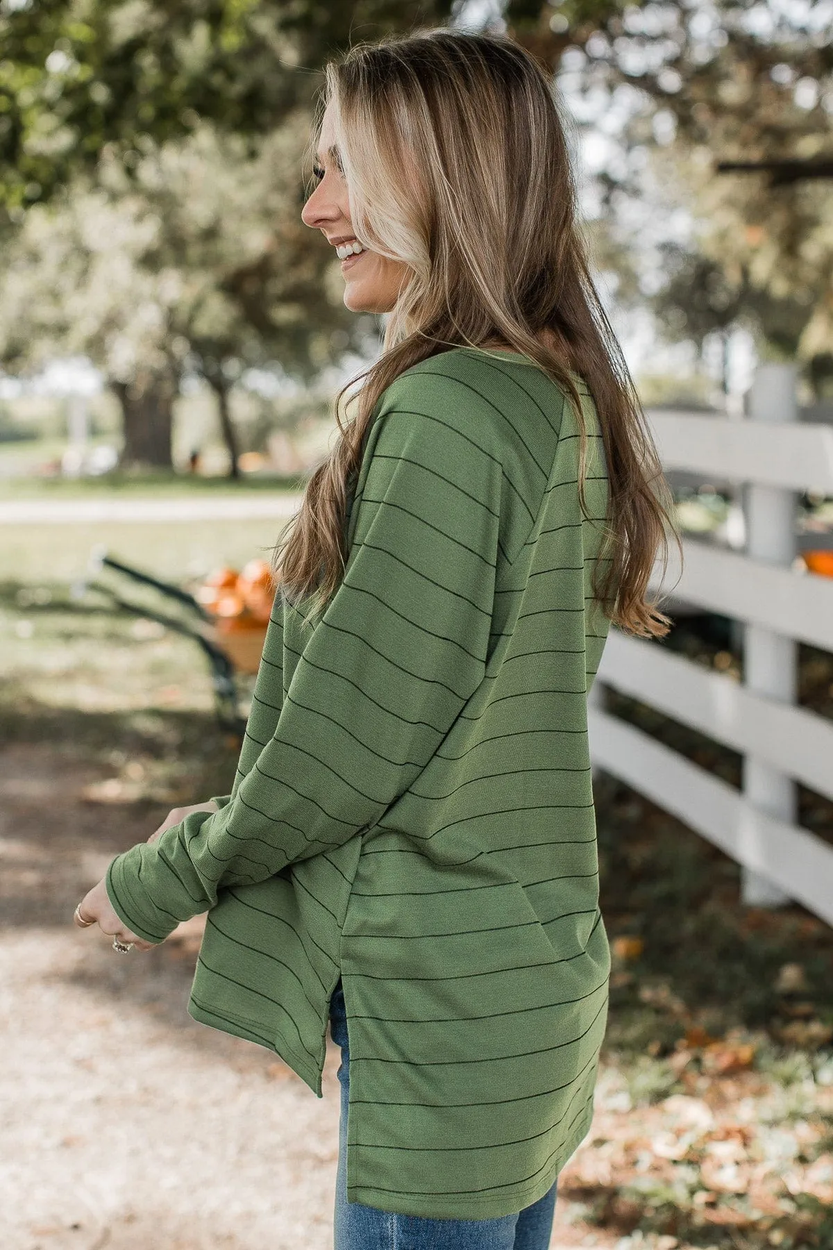Sending Signals Striped Button Top- Olive