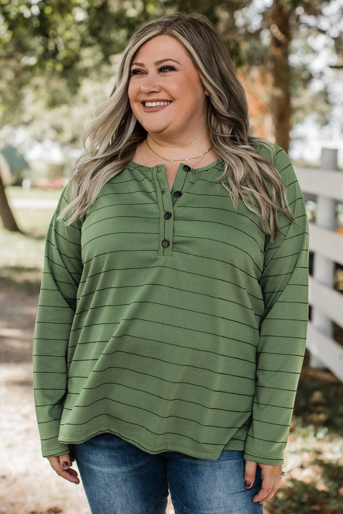 Sending Signals Striped Button Top- Olive