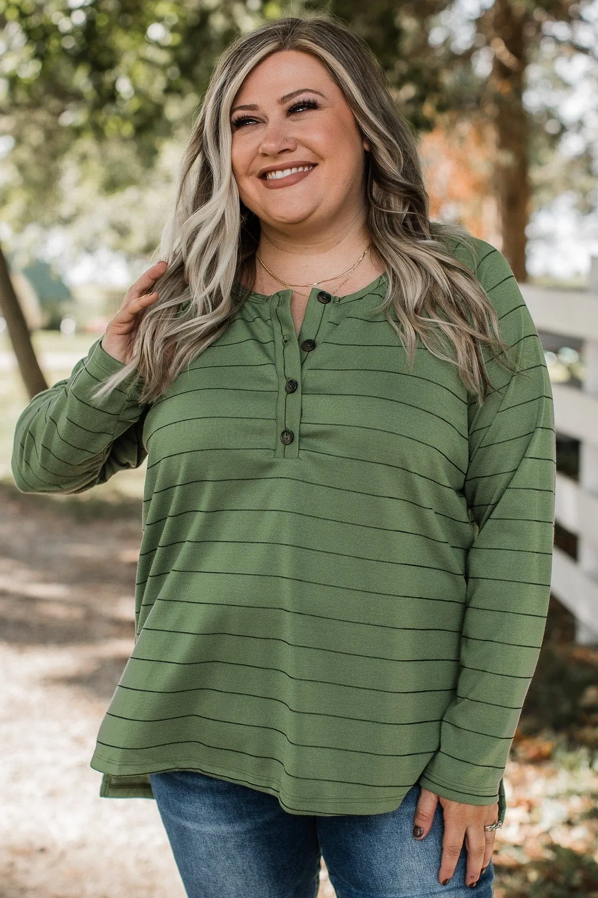 Sending Signals Striped Button Top- Olive