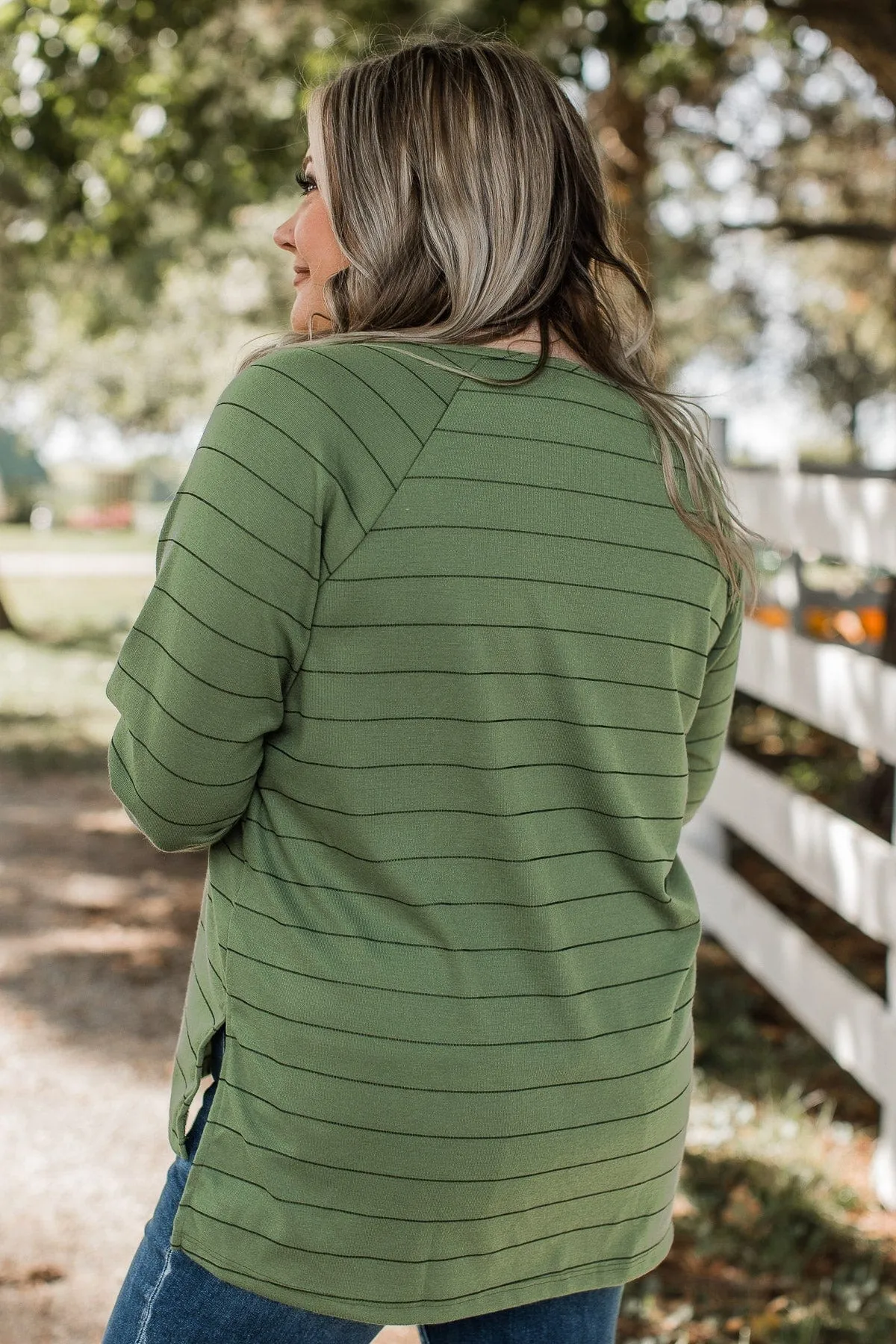 Sending Signals Striped Button Top- Olive