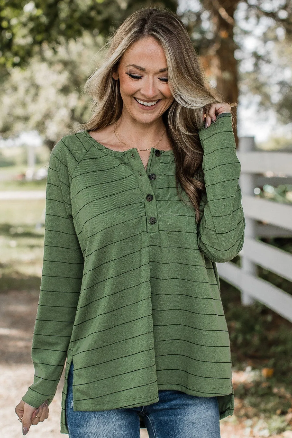 Sending Signals Striped Button Top- Olive