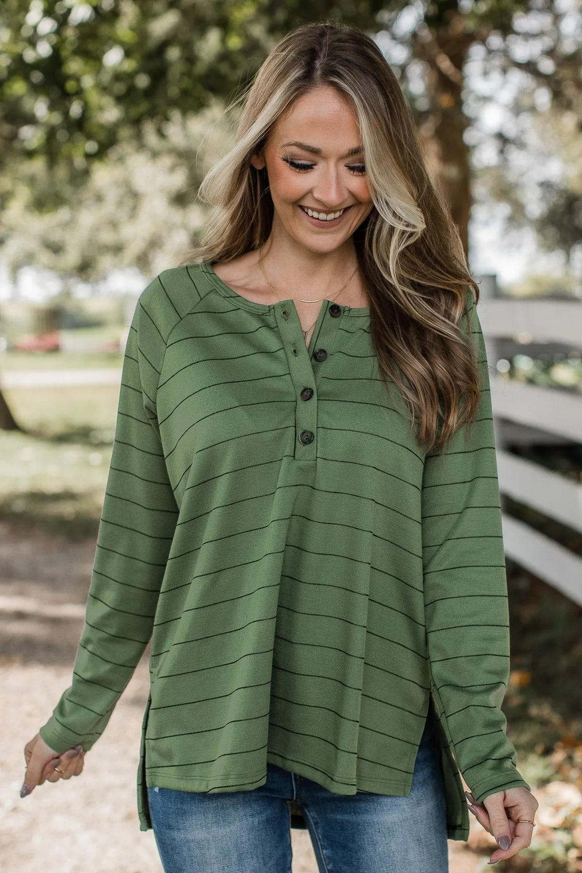 Sending Signals Striped Button Top- Olive