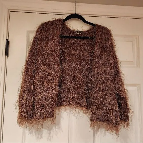 Shepatin vintage stringy knit brown cardigan sweater
