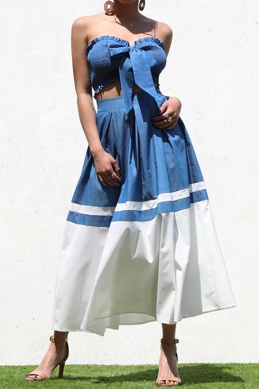 Smocked top & skirt denim white