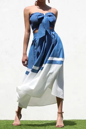 Smocked top & skirt denim white