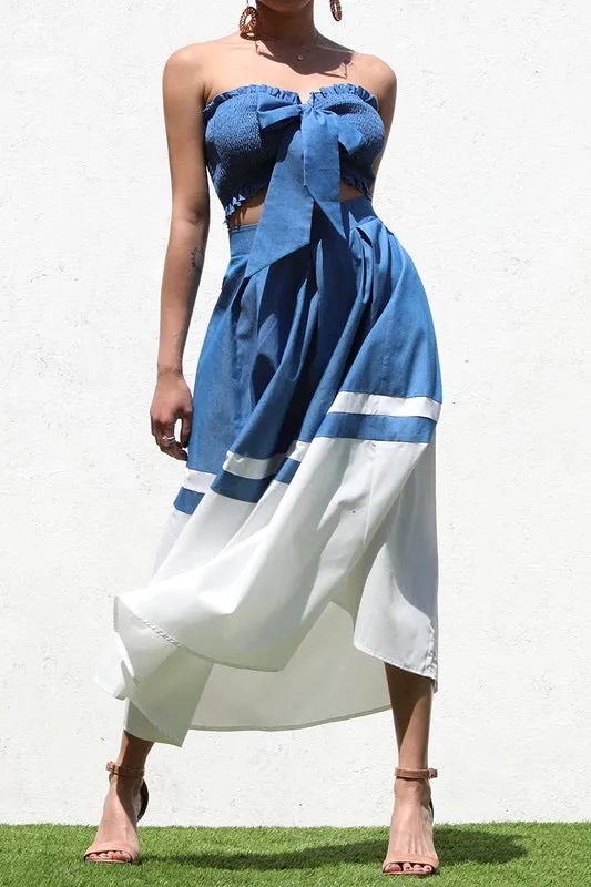 Smocked top & skirt denim white