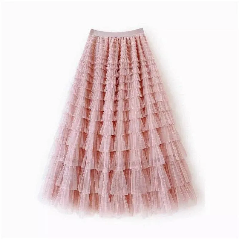 Solid Color High-Waisted Tulle Puffy Midi Skirt