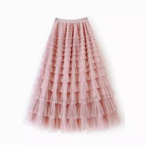 Solid Color High-Waisted Tulle Puffy Midi Skirt