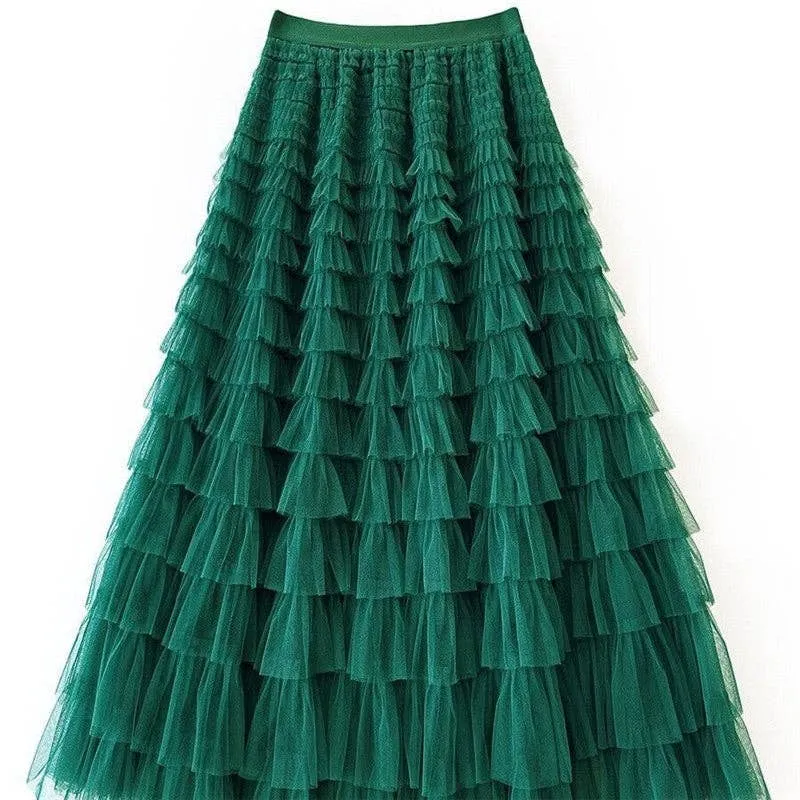 Solid Color High-Waisted Tulle Puffy Midi Skirt