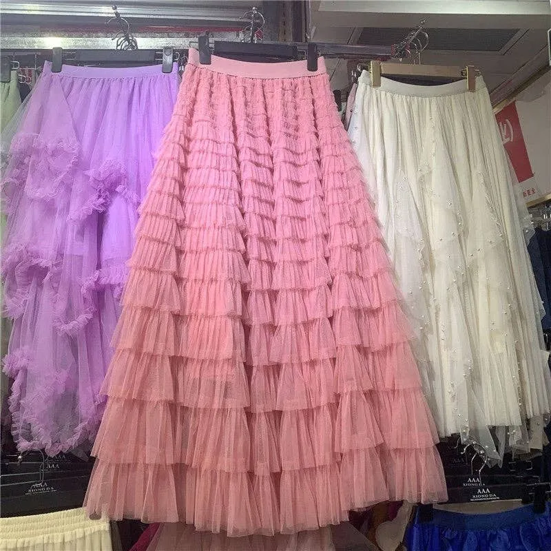 Solid Color High-Waisted Tulle Puffy Midi Skirt