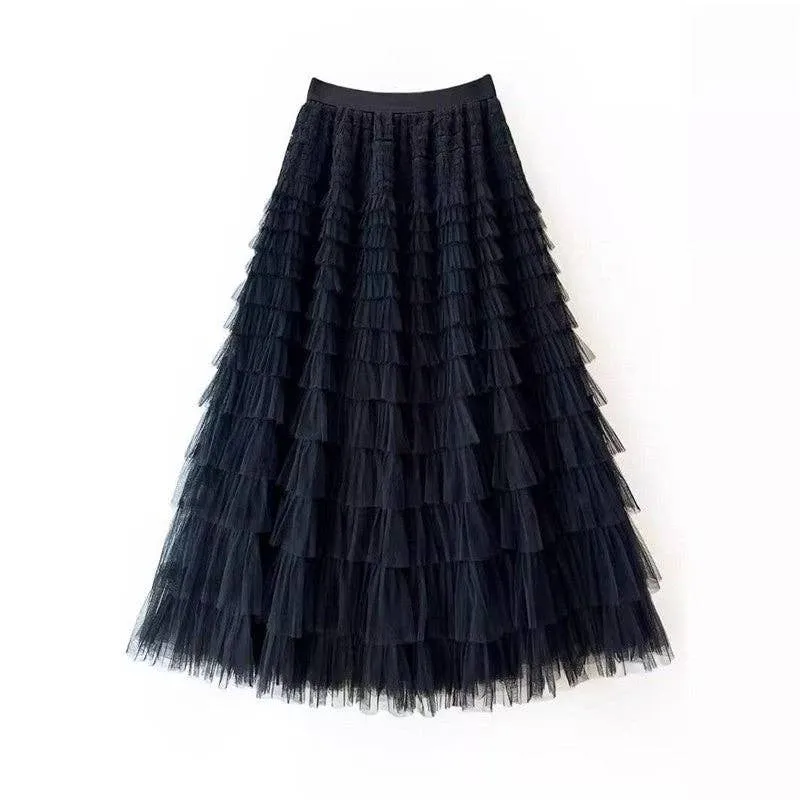 Solid Color High-Waisted Tulle Puffy Midi Skirt