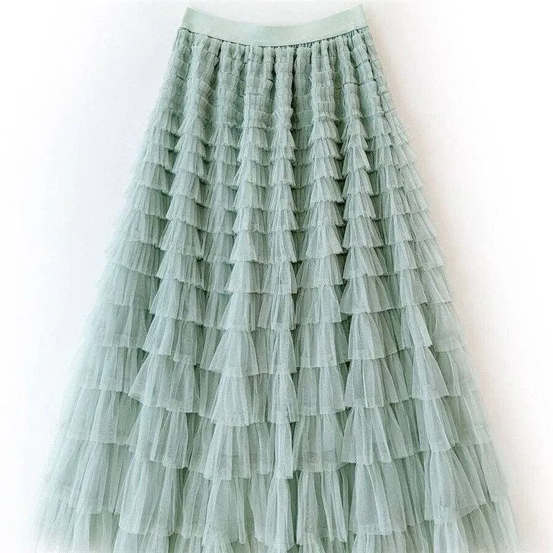Solid Color High-Waisted Tulle Puffy Midi Skirt