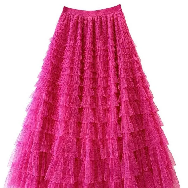 Solid Color High-Waisted Tulle Puffy Midi Skirt