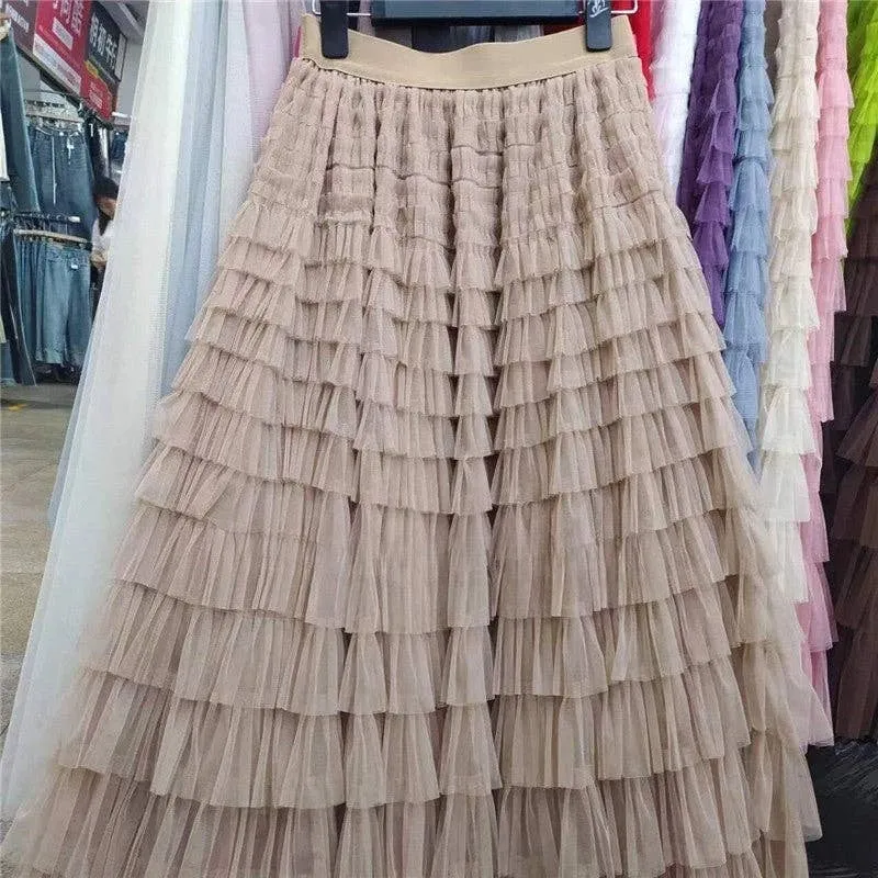 Solid Color High-Waisted Tulle Puffy Midi Skirt