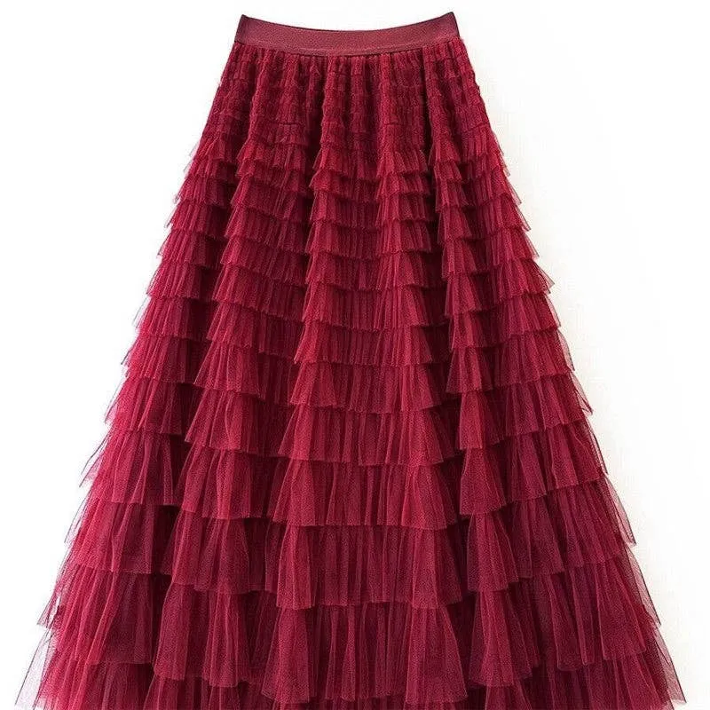 Solid Color High-Waisted Tulle Puffy Midi Skirt