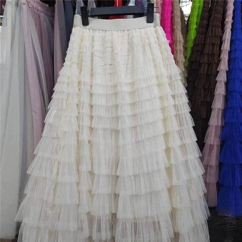 Solid Color High-Waisted Tulle Puffy Midi Skirt