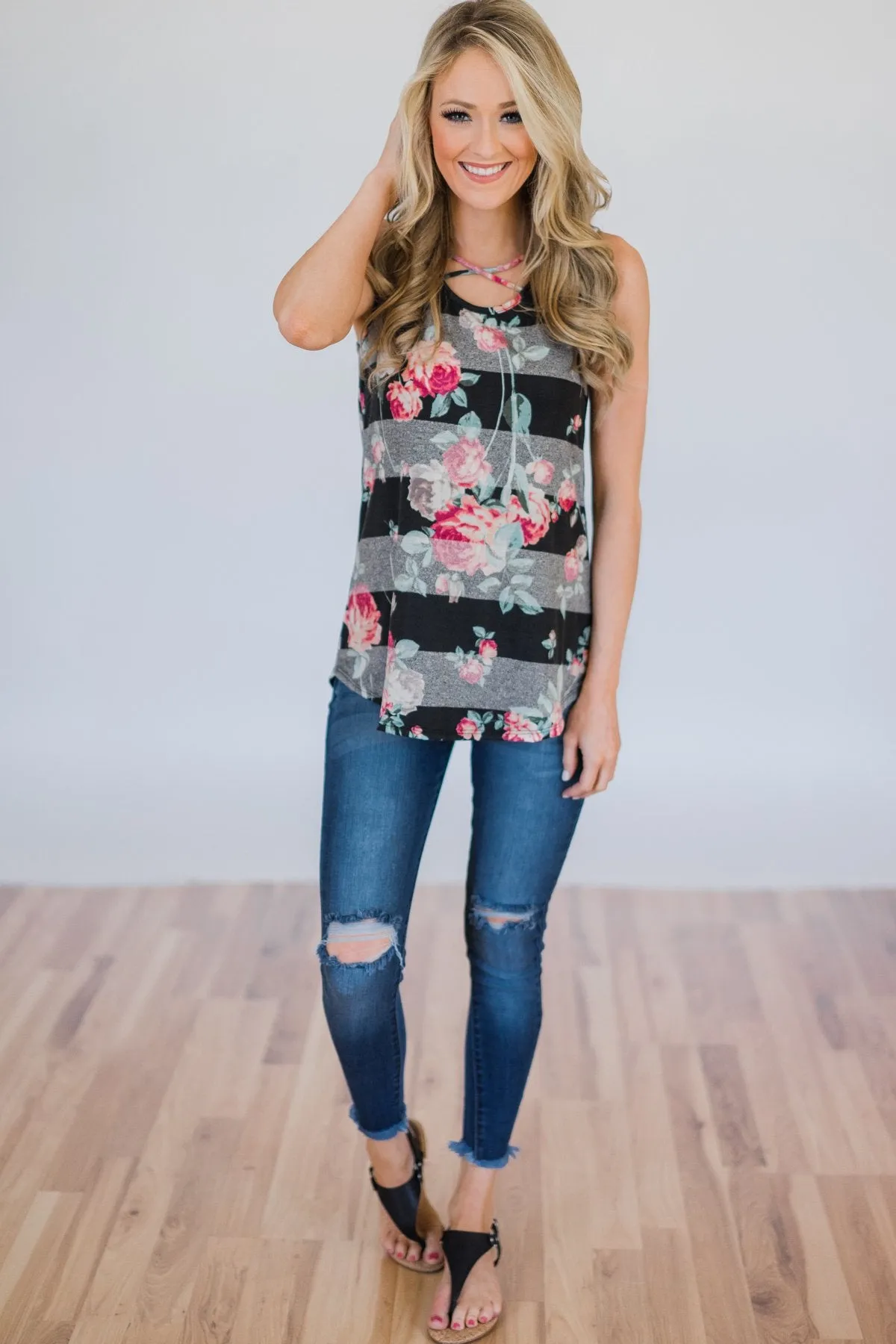 Stay A Little Longer Floral Tank Top- Black