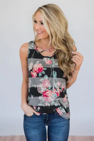 Stay A Little Longer Floral Tank Top- Black