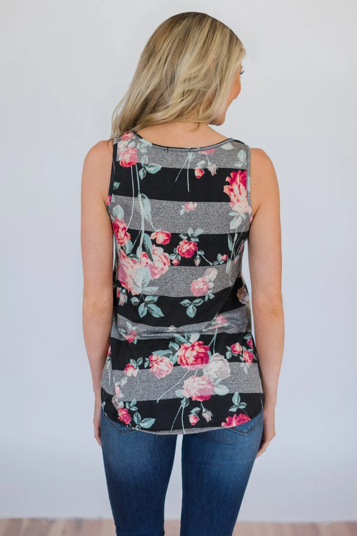 Stay A Little Longer Floral Tank Top- Black