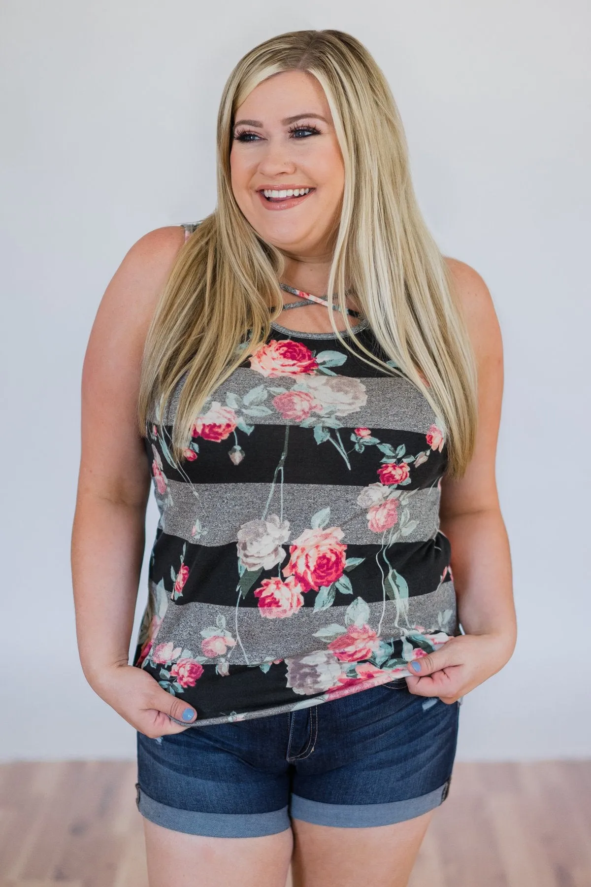 Stay A Little Longer Floral Tank Top- Black