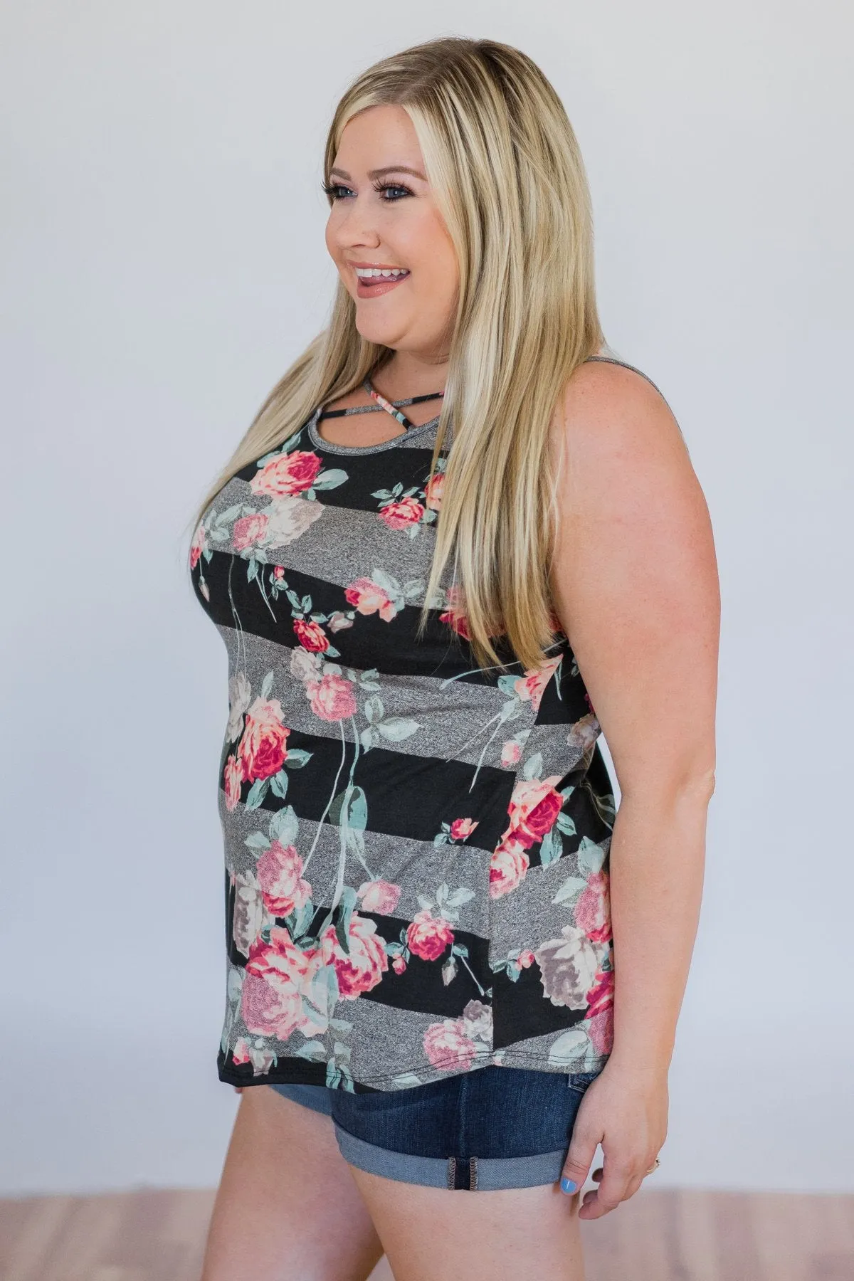 Stay A Little Longer Floral Tank Top- Black