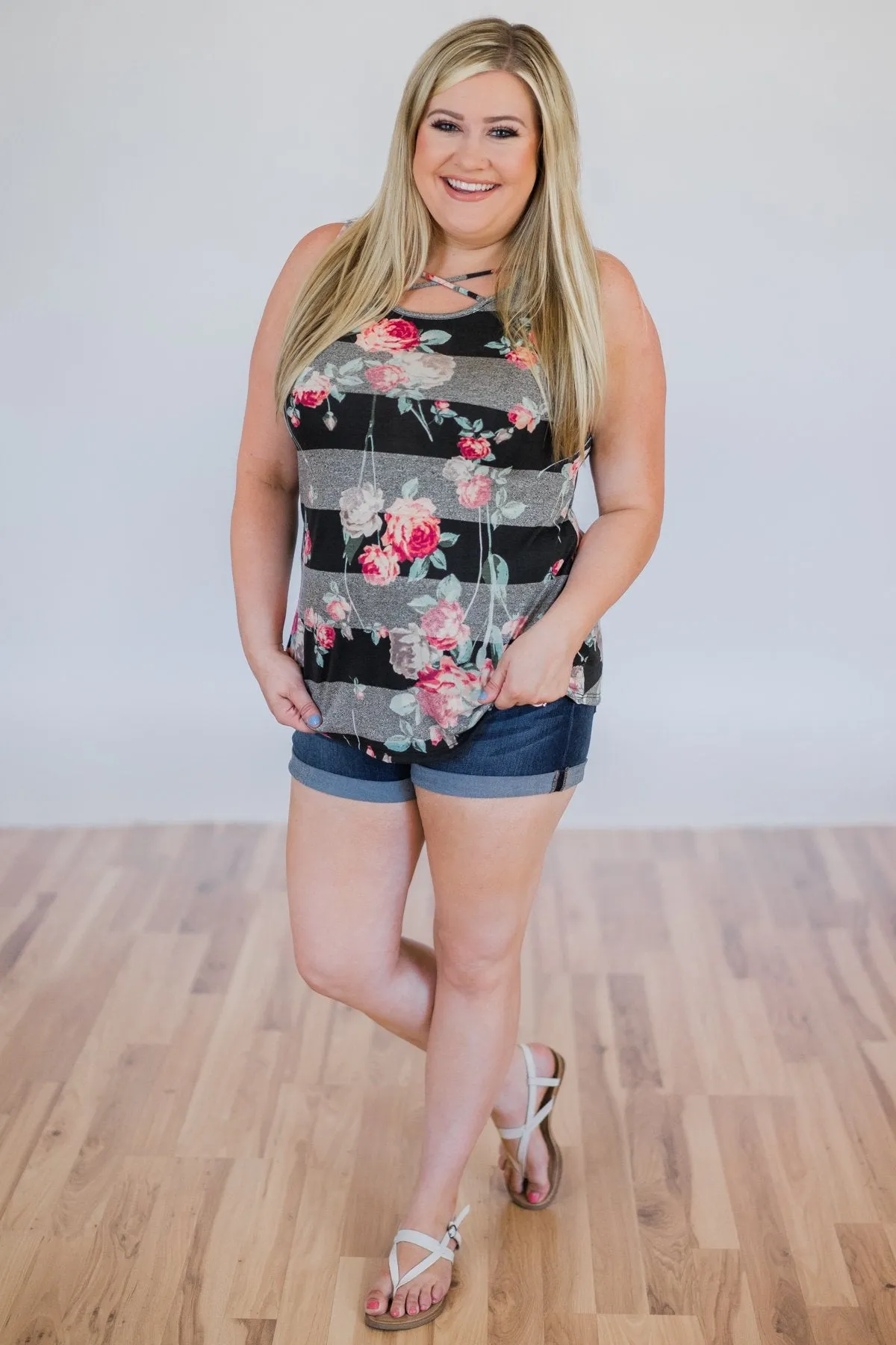 Stay A Little Longer Floral Tank Top- Black