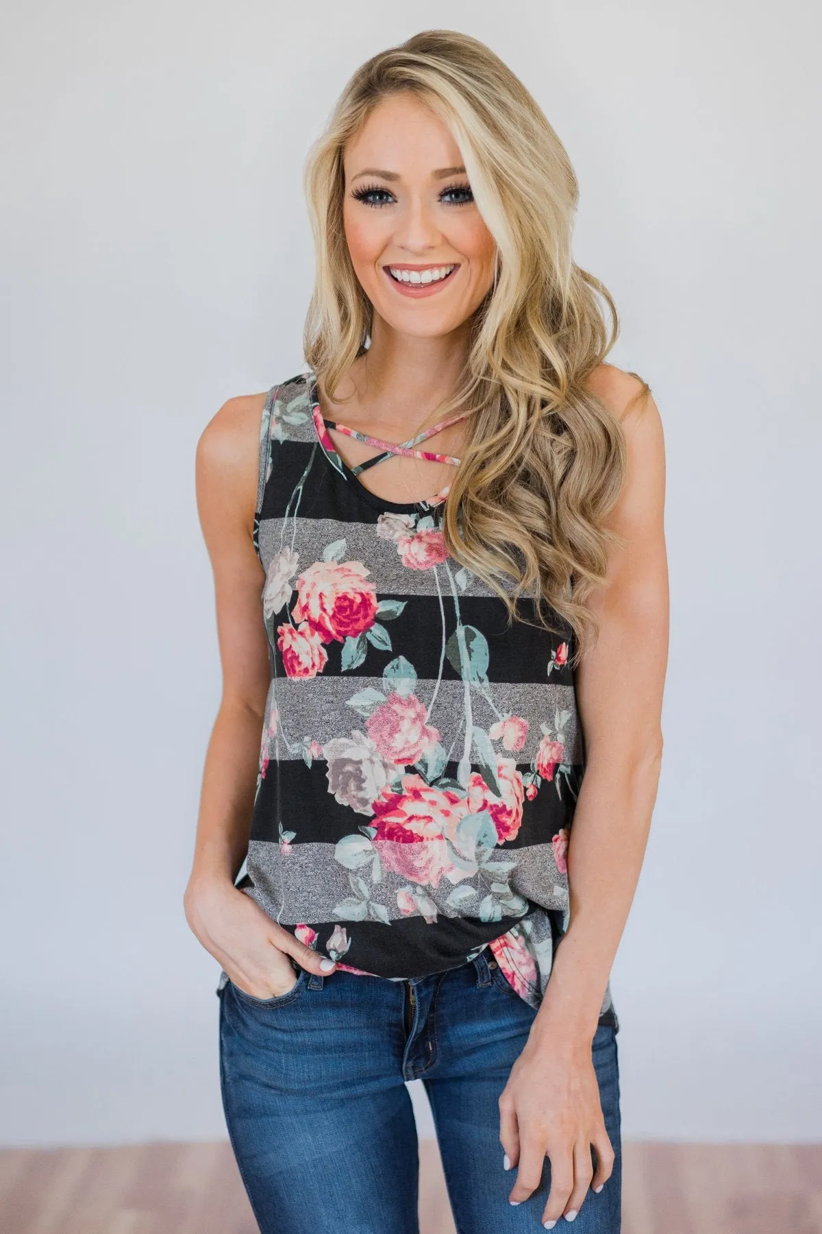 Stay A Little Longer Floral Tank Top- Black