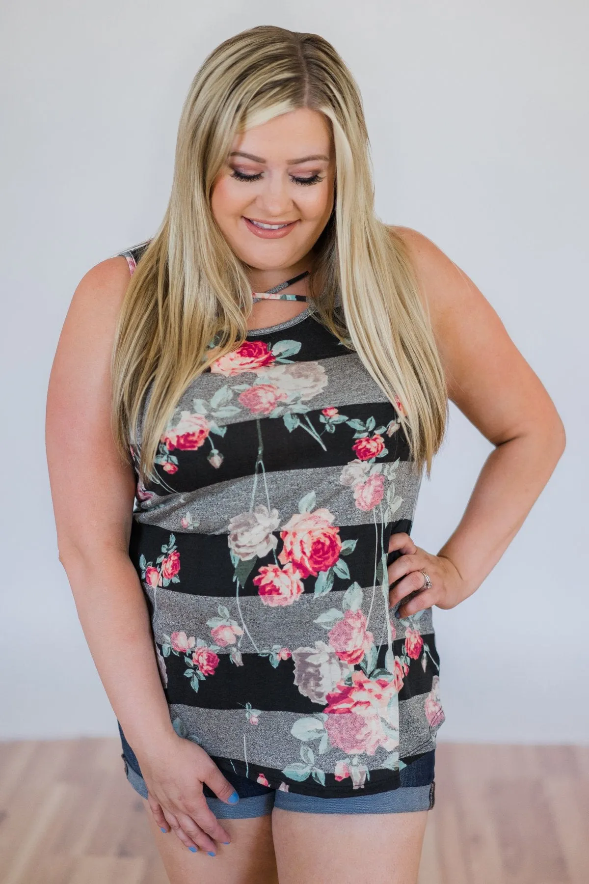 Stay A Little Longer Floral Tank Top- Black