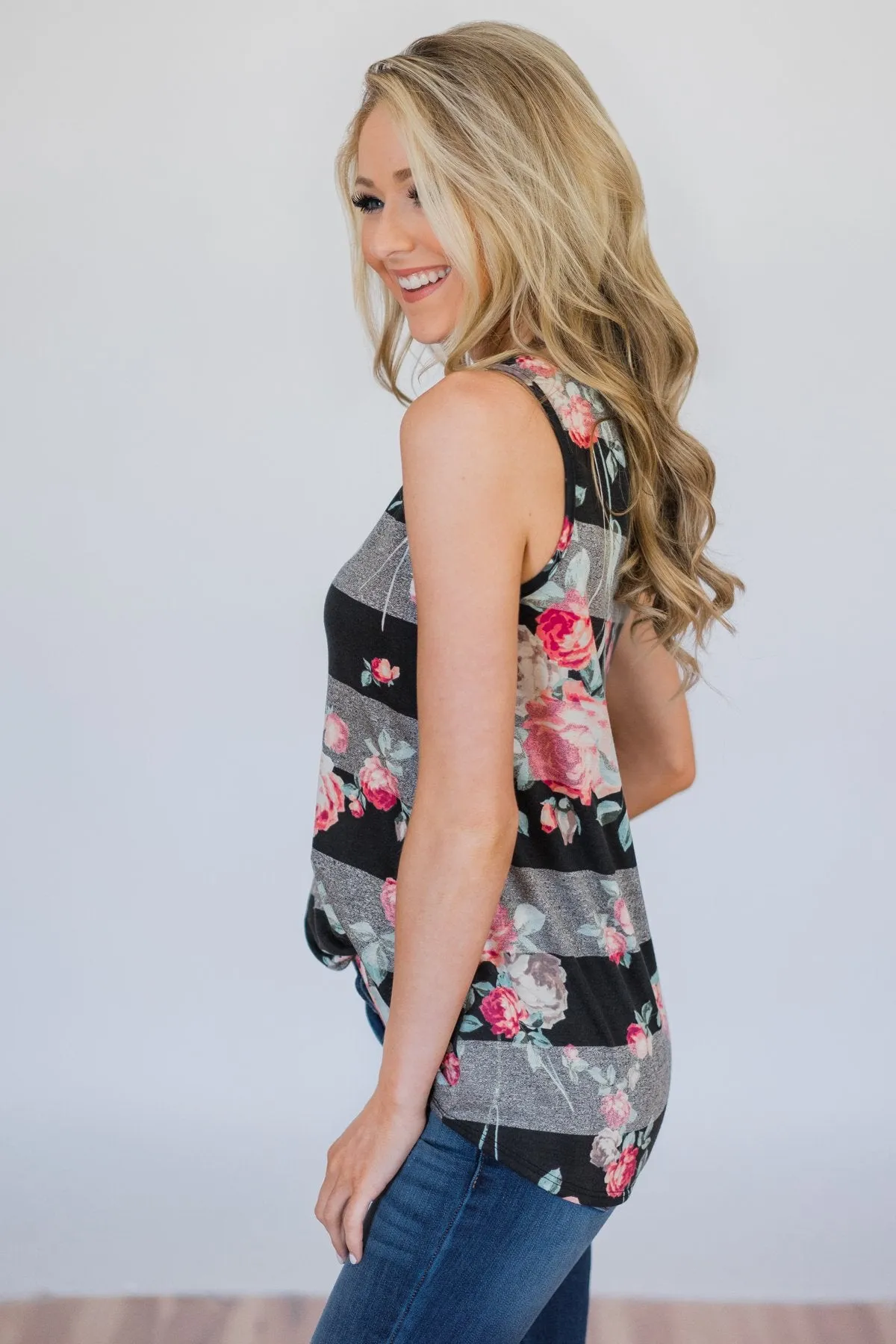 Stay A Little Longer Floral Tank Top- Black