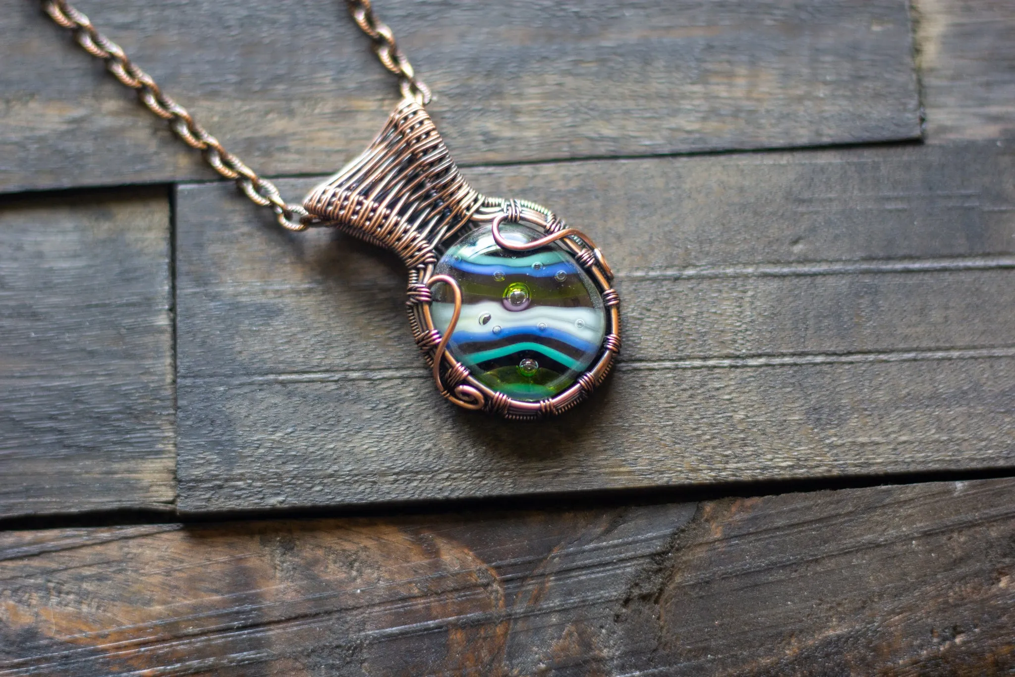 Striped Blue and Green Fused Glass Pendant with Copper Wire Wrapping