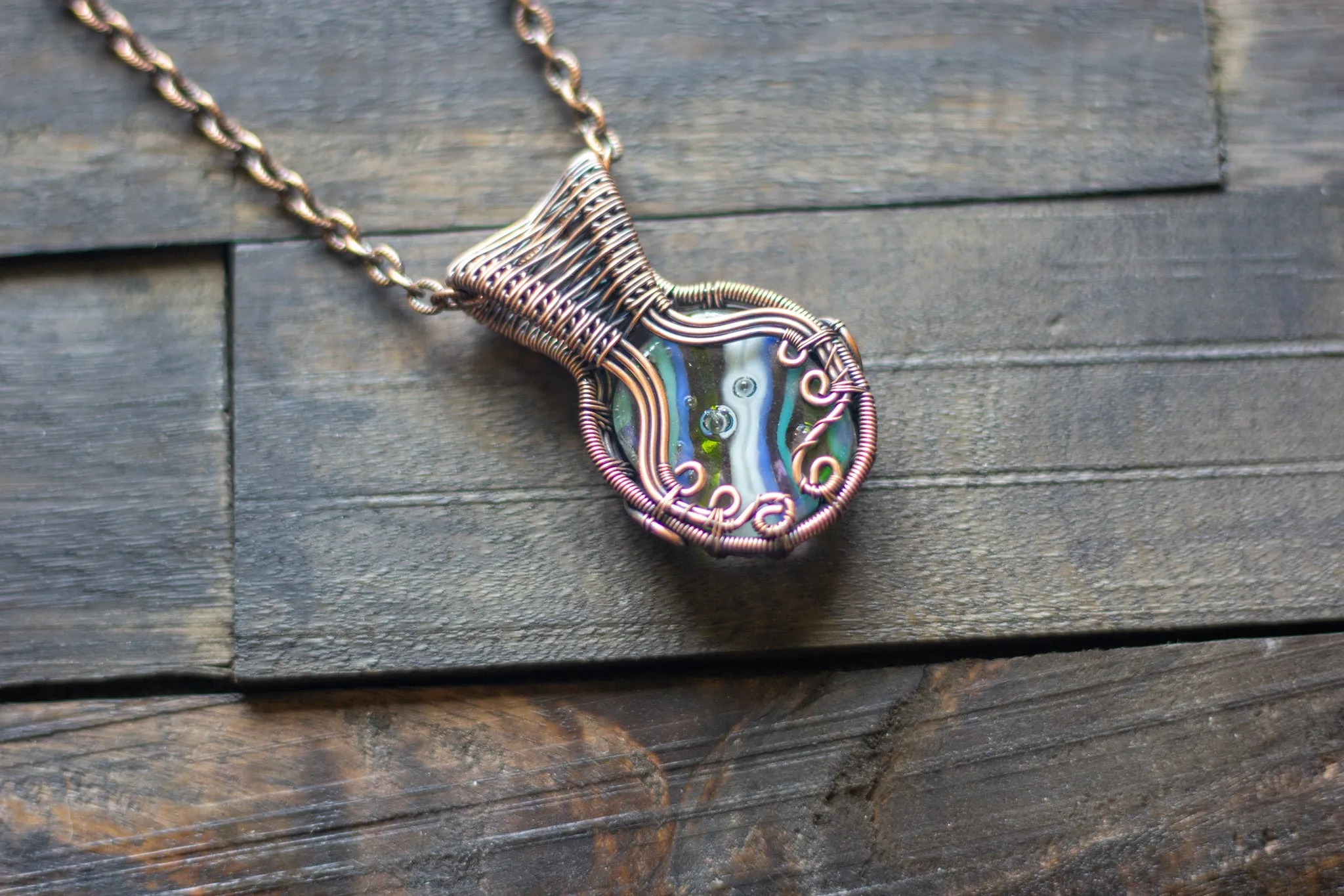 Striped Blue and Green Fused Glass Pendant with Copper Wire Wrapping