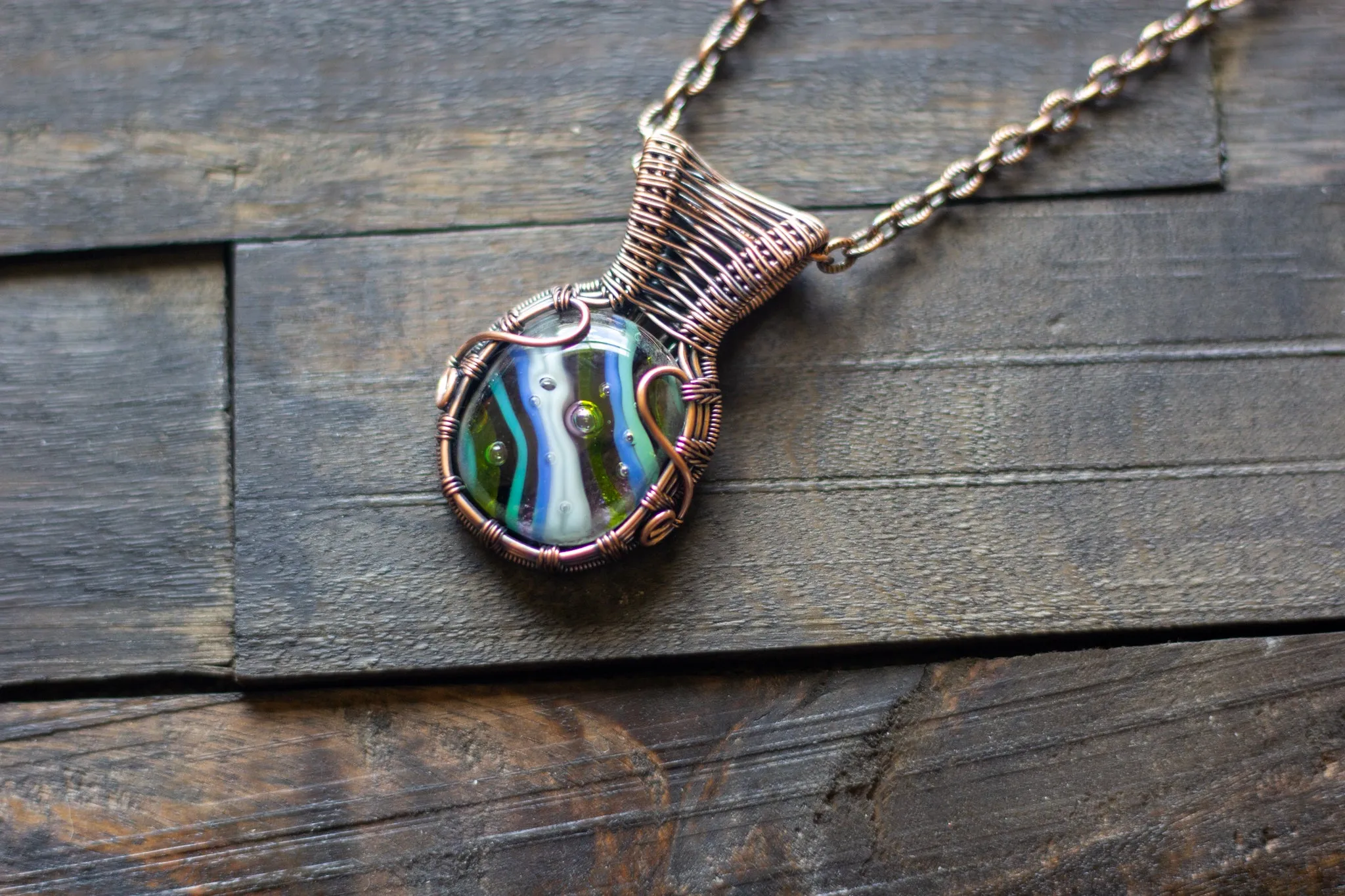 Striped Blue and Green Fused Glass Pendant with Copper Wire Wrapping