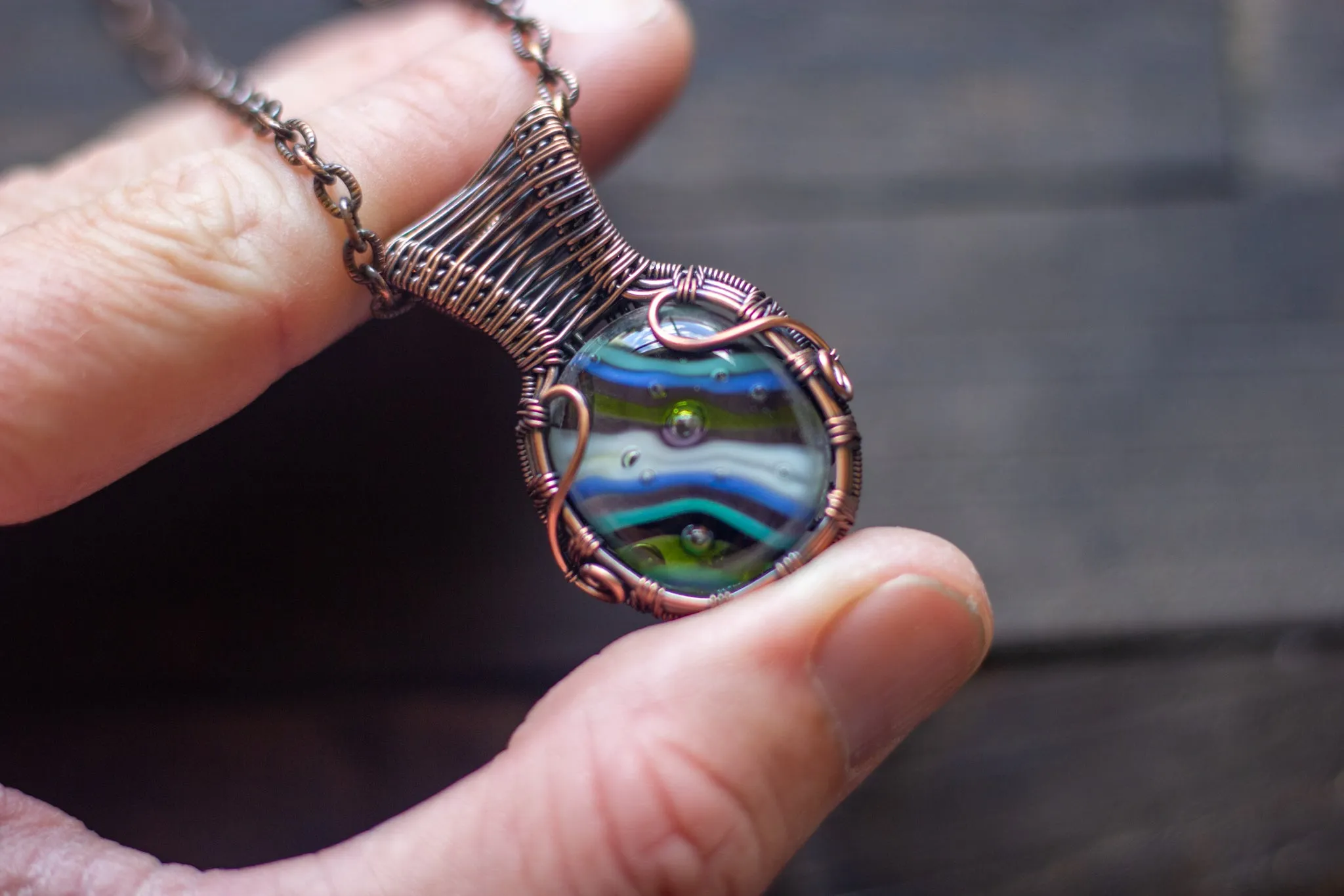 Striped Blue and Green Fused Glass Pendant with Copper Wire Wrapping