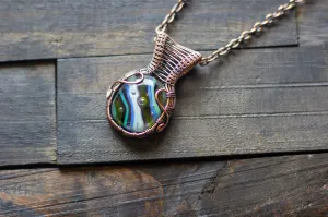 Striped Blue and Green Fused Glass Pendant with Copper Wire Wrapping